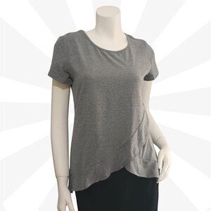 Women Gray Round Neck Short Sleeve Casual T Shirt Size S Asymmetrical Ruffle Hem